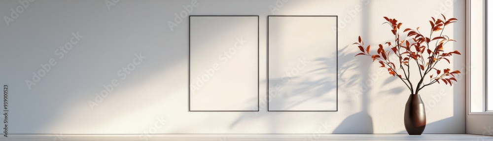 Chic interior showcasing a minimalist design with two empty frames, a vase, and beautiful flowers casting soft shadows. Chic interior showcasing a minimalist design with two empty frames, a vase, and beautiful flowers casting soft shadows.