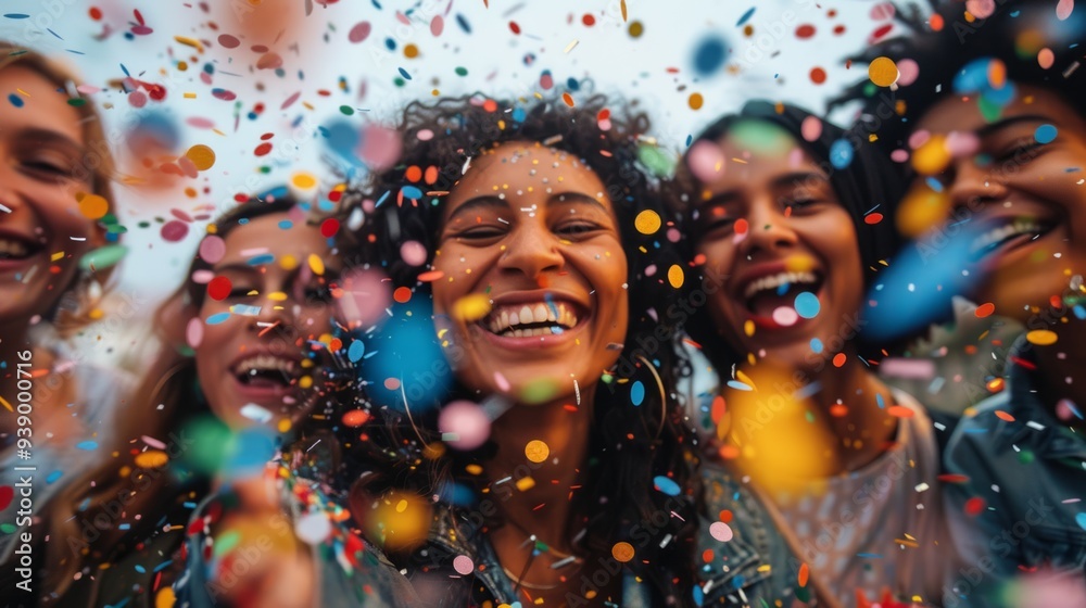 A group of friends is laughing and enjoying a vibrant celebration, surrounded by colorful confetti in the air A group of friends is laughing and enjoying a vibrant celebration, surrounded by colorful confetti in the air