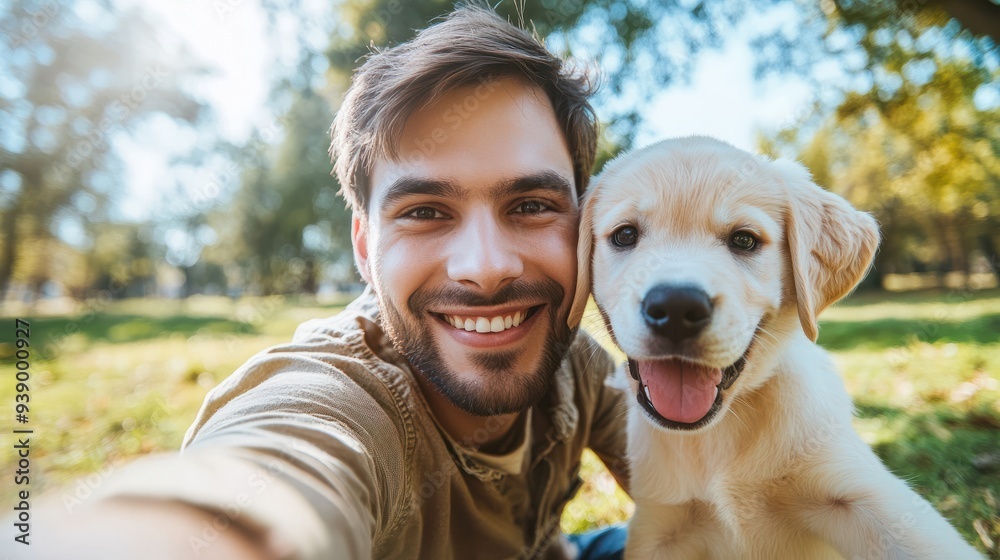 Young happy man taking selfie with his dog in a park , Smiling guy and puppy having fun together outdoor , Friendship and love between humans and animals Young happy man taking selfie with his dog in a park , Smiling guy and puppy having fun together outdoor , Friendship and love between humans and animals