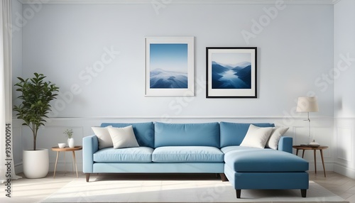 Interior mockup In a white room a blue sofa is placed next to a photo frame on the wall