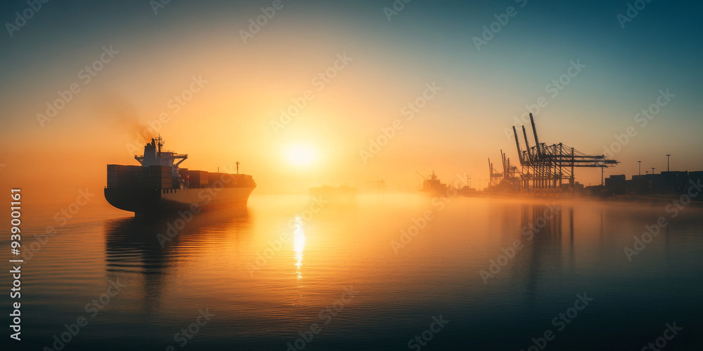 A cargo ship sails through a foggy harbor at sunrise, with cranes silhouetted in the background, symbolizing maritime trade and early morning operations.
A cargo ship sails through a foggy harbor at sunrise, with cranes silhouetted in the background, symbolizing maritime trade and early morning operations.