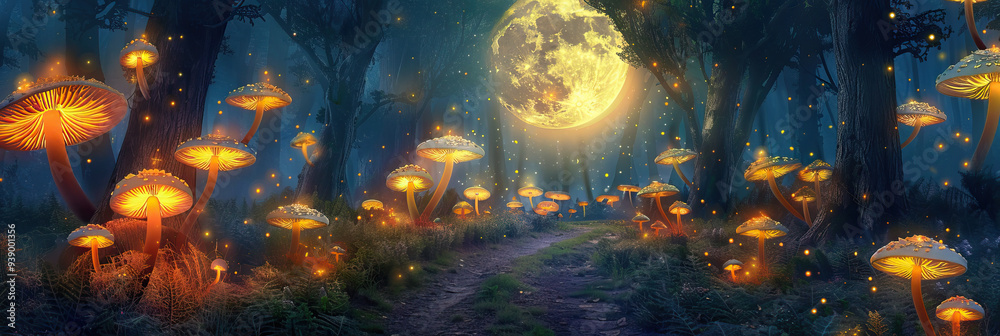 Lunar Enchantment: A forest path lined with glowing mushrooms, their caps reflecting the light of the full moon.