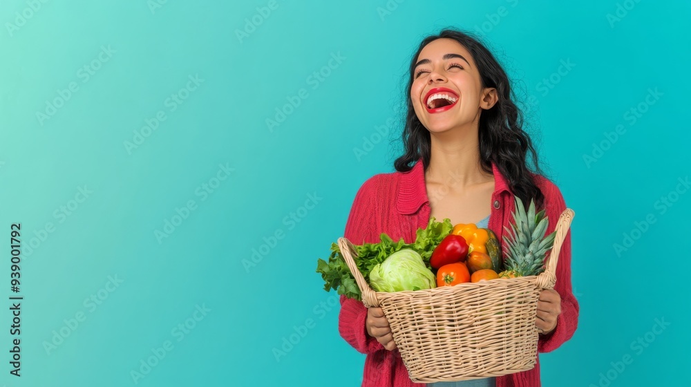 A cheerful Mexican woman laughs wholeheartedly while joyfully holding a shopping basket filled with colorful fresh produce in a lively market backdrop A cheerful Mexican woman laughs wholeheartedly while joyfully holding a shopping basket filled with colorful fresh produce in a lively market backdrop