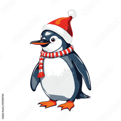 Festive Penguin in Santa Hat and Striped Scarf