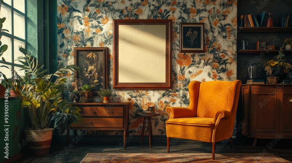 The setting features a charming retro-style poster frame against a floral wallpaper backdrop, complemented by vintage furniture and cozy decor elements, evoking a nostalgic atmosphere The setting features a charming retro-style poster frame against a floral wallpaper backdrop, complemented by vintage furniture and cozy decor elements, evoking a nostalgic atmosphere