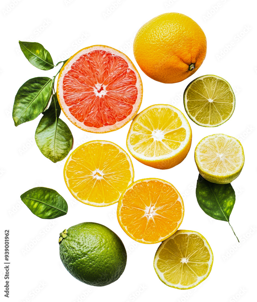 Fototapeta premium PNG Fresh citrus fruits arranged with green leaves