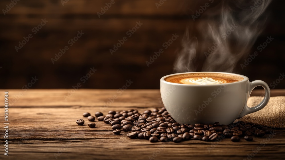 A steaming cup of coffee rests on a rustic wooden table, surrounded by scattered coffee beans, inviting warmth and comfort for coffee lovers A steaming cup of coffee rests on a rustic wooden table, surrounded by scattered coffee beans, inviting warmth and comfort for coffee lovers