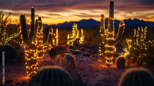 Cactus Christmas Lights at Sunset