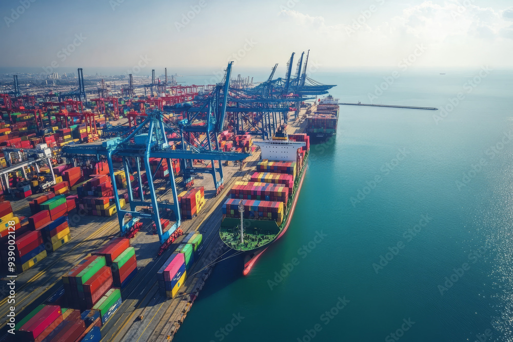 Aerial view of cargo ships docked at a bustling industrial port with ...
