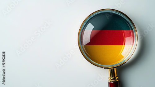 Magnifying glass highlighting the German flag, symbolizing analysis, scrutiny, or focus on Germany-related topics and issues.
