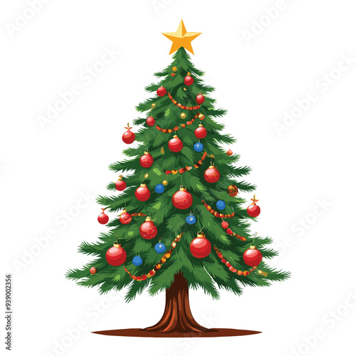 Festively Decorated Christmas Tree with Red and Blue Ornaments