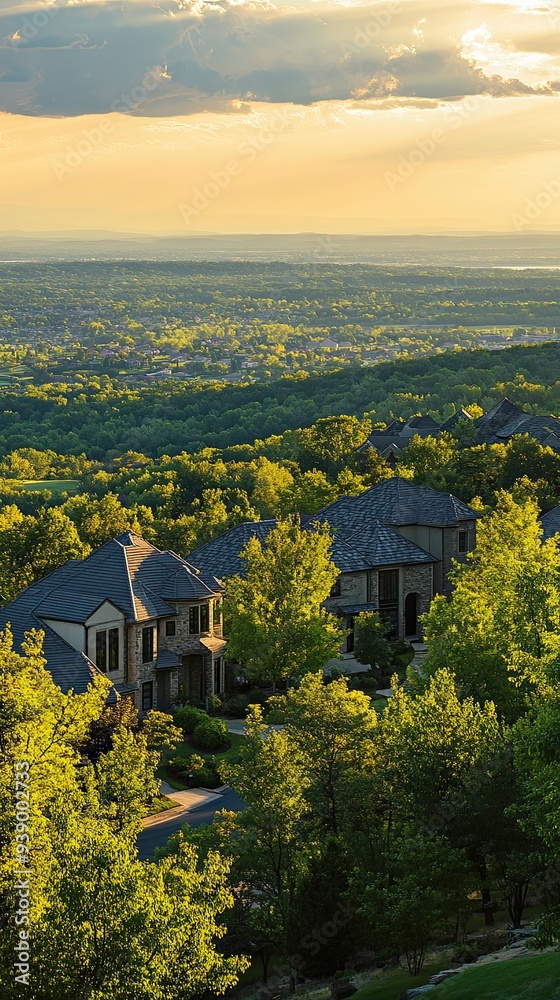 Naklejka premium Panoramic View of Homes Amidst Lush Green Landscape