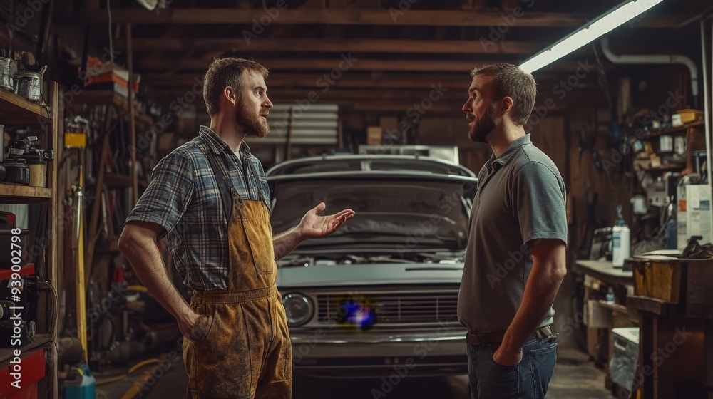 In a bright garage, two men converse intently, one dressed in grease-stained mechanics overalls while the other, in casual attire, listens attentively to mechanical advice