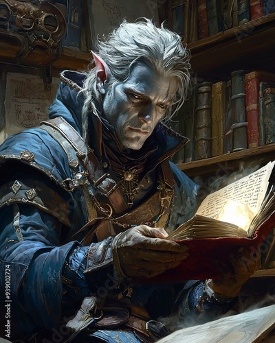 drow sorcerer studying powerful magical texts  in a dark and mystical library