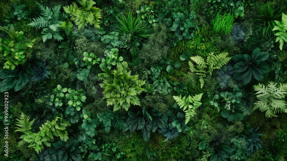 A Top View of a Vertical Garden Wall Covered in Beautiful, Lush Green Moss and Various Plants, Creating a Natural Pattern with Rich Greenery Texture, Perfect for Wallpaper Design and Evoking a Forest A Top View of a Vertical Garden Wall Covered in Beautiful, Lush Green Moss and Various Plants, Creating a Natural Pattern with Rich Greenery Texture, Perfect for Wallpaper Design and Evoking a Forest