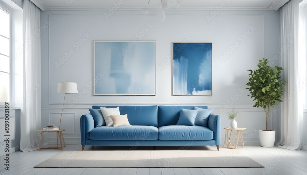 Interior mockup In a white room a blue sofa is placed next to a photo frame on the wall Interior mockup In a white room a blue sofa is placed next to a photo frame on the wall