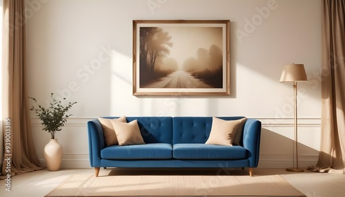 Interior mockup In a white room a blue sofa is placed next to a photo frame on the wall