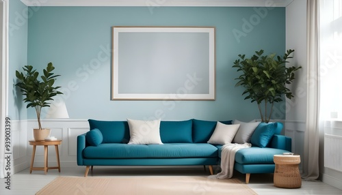 Interior mockup In a white room a blue sofa is placed next to a photo frame on the wall