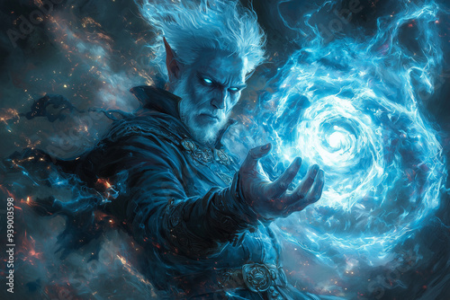 elven mage with glowing white hair and glowing blue eyes summoning powerful magic