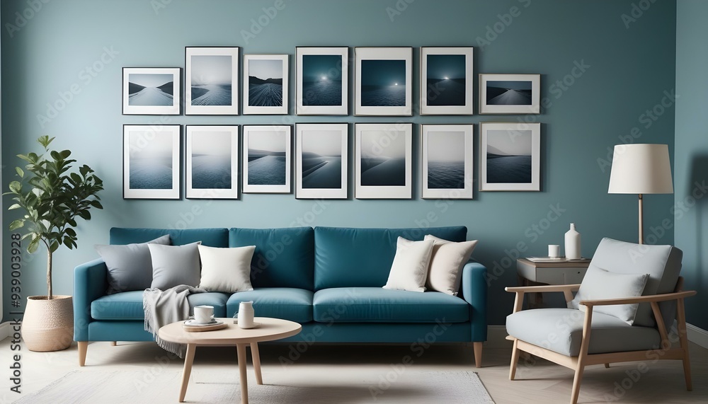 Interior mockup In a white room a blue sofa is placed next to a photo frame on the wall Interior mockup In a white room a blue sofa is placed next to a photo frame on the wall