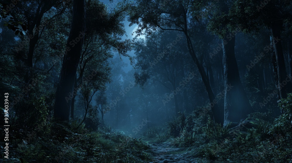 Obraz premium A dense forest enveloped in darkness at night, where towering trees loom over a path illuminated by faint moonlight filtering through the foliage