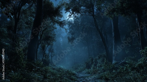 A dense forest enveloped in darkness at night, where towering trees loom over a path illuminated by faint moonlight filtering through the foliage