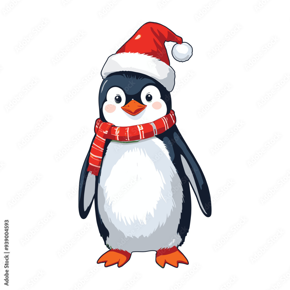 Fototapeta premium Adorable Penguin in Santa Hat and Red Scarf