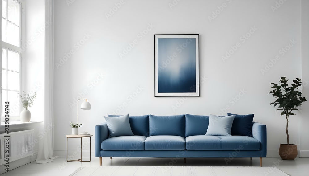 Interior mockup In a white room a blue sofa is placed next to a photo frame on the wall Interior mockup In a white room a blue sofa is placed next to a photo frame on the wall