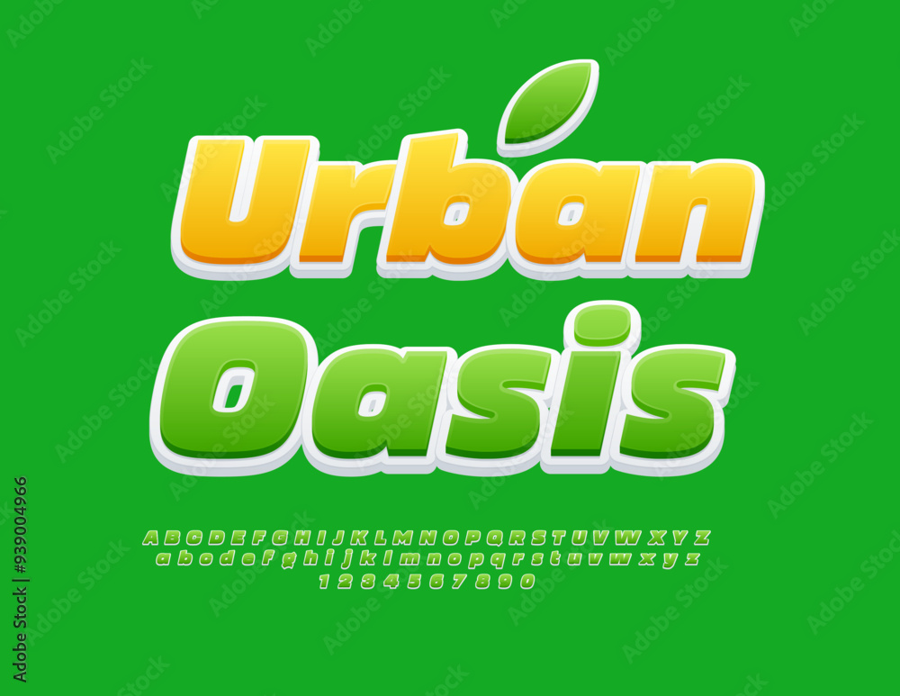 Vector eco template Urban Oasis. Modern Green Font. Bright Alphabet Letters and Numbers set. Vector eco template Urban Oasis. Modern Green Font. Bright Alphabet Letters and Numbers set.