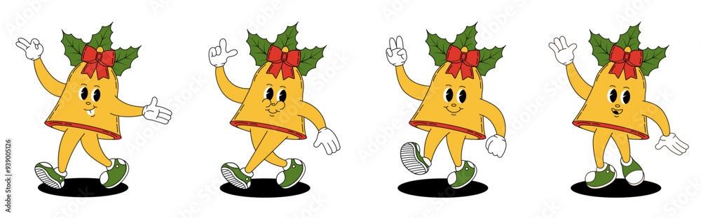 Fototapeta premium Groovy retro Christmas bell. Christmas characters in groovy style.