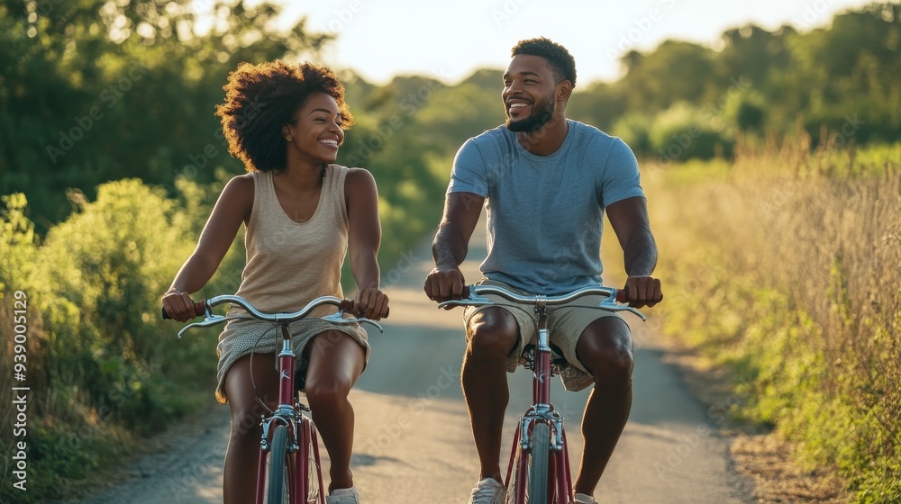 Obraz premium A young Afro American couple rides bikes together, laughing and enjoying each other's company on a warm, sunny afternoon surrounded by nature