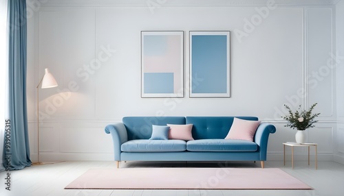 Interior mockup In a white room a blue sofa is placed next to a photo frame on the wall