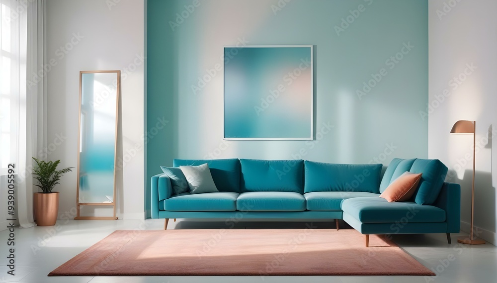 Interior mockup In a white room a blue sofa is placed next to a photo frame on the wall Interior mockup In a white room a blue sofa is placed next to a photo frame on the wall