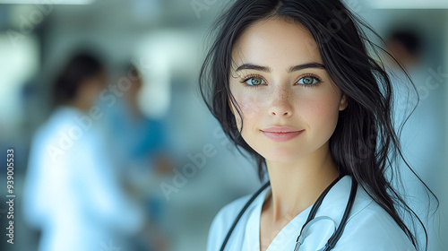 A woman with long dark hair and blue eyes is smiling for the camera