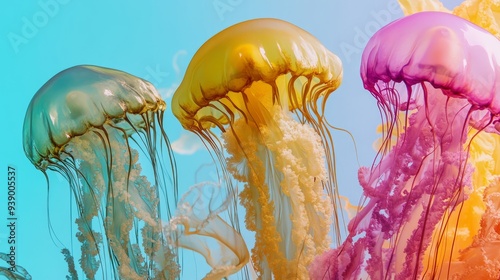 Colorful backgrounds, portraits, people in jellyfish costumes,