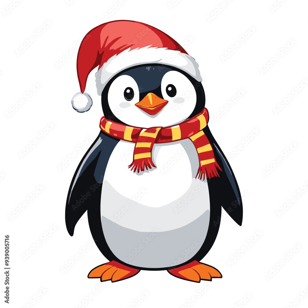 Fototapeta premium Cheerful Penguin in Santa Hat and Scarf