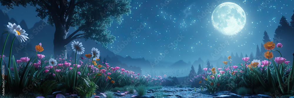 Lunar Sanctuary: A secluded garden filled with flowers, their petals gently swaying in the moonlight. Lunar Sanctuary: A secluded garden filled with flowers, their petals gently swaying in the moonlight.