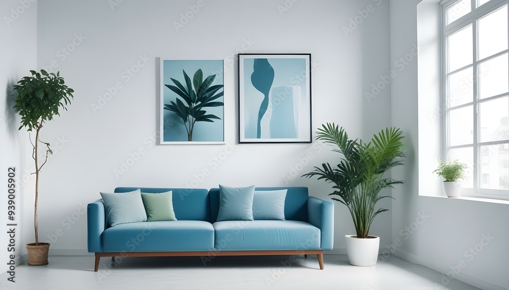 Interior mockup In a white room a blue sofa is placed next to a photo frame on the wall Interior mockup In a white room a blue sofa is placed next to a photo frame on the wall
