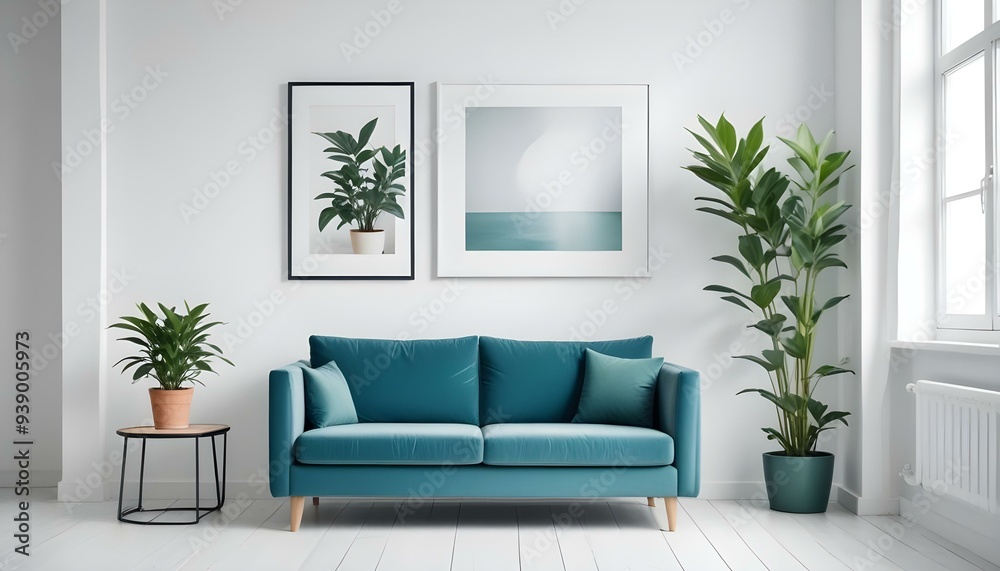 Interior mockup In a white room a blue sofa is placed next to a photo frame on the wall Interior mockup In a white room a blue sofa is placed next to a photo frame on the wall