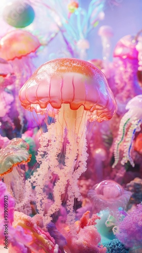 Colorful backgrounds, portraits, people in jellyfish costumes,