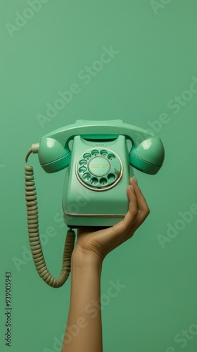 A hand holds a vintage mint green rotary dial telephone, capturing the nostalgic essence and artistic style of bygone communication devices.