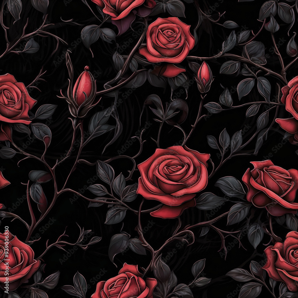 Seamless pattern Red roses on black background for dramatic floral pattern
