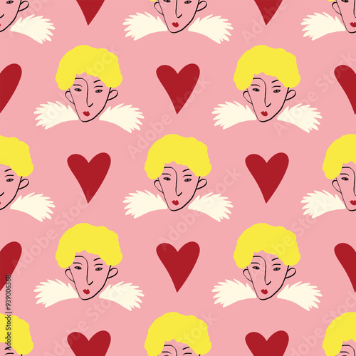 fancy bizarre angels and heart Valentines Day pattern. Modern Illustration in a doodle style