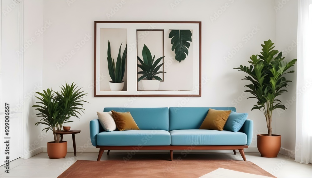Interior mockup In a white room a blue sofa is placed next to a photo frame on the wall Interior mockup In a white room a blue sofa is placed next to a photo frame on the wall