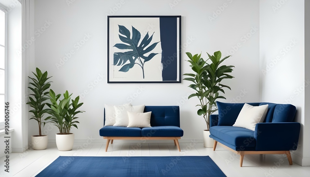 Interior mockup In a white room a blue sofa is placed next to a photo frame on the wall