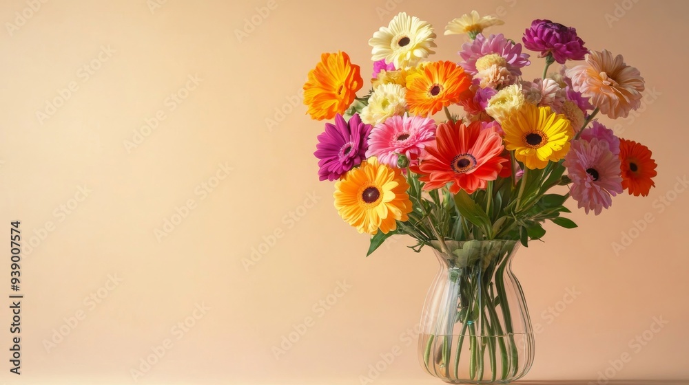 This closeup display features a stunning floral arrangement with an array of colorful flowers, elegantly arranged in a glass vase against a soft, neutral background This closeup display features a stunning floral arrangement with an array of colorful flowers, elegantly arranged in a glass vase against a soft, neutral background