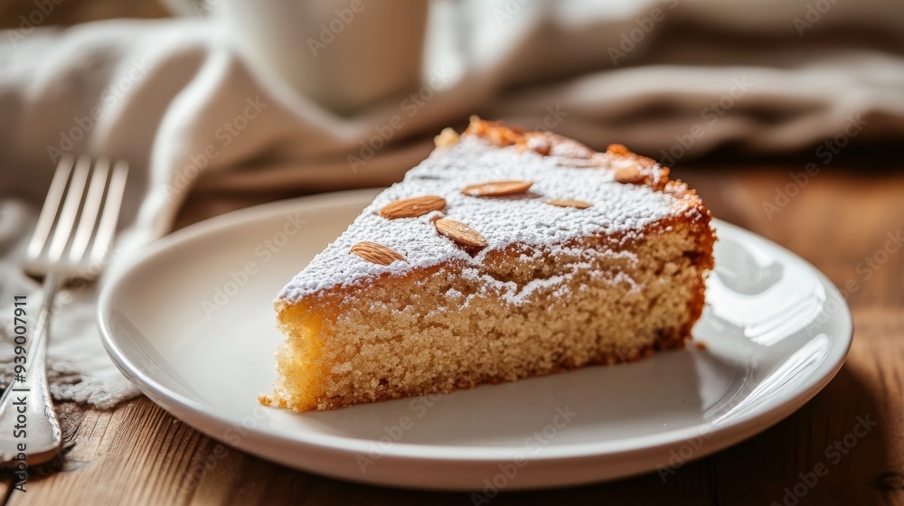 A slice of moist almond cake is presented on a white plate, garnished with powdered sugar and almonds, set against a cozy rustic backdrop A slice of moist almond cake is presented on a white plate, garnished with powdered sugar and almonds, set against a cozy rustic backdrop