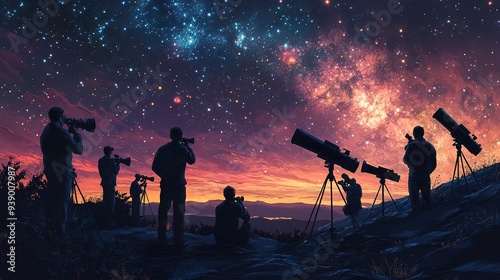 Stargazers gather on a mountaintop, telescopes pointed towards the glowing Milky Way.