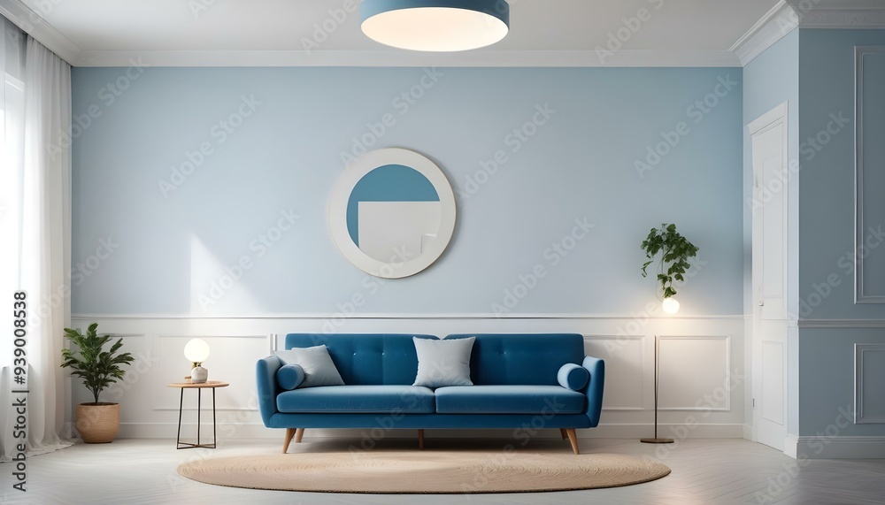 Interior mockup In a white room a blue sofa is placed next to a photo frame on the wall Interior mockup In a white room a blue sofa is placed next to a photo frame on the wall