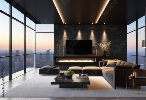 Modern interior of a living room. Penthouse Loft with dark stone walls (3d Rendering)